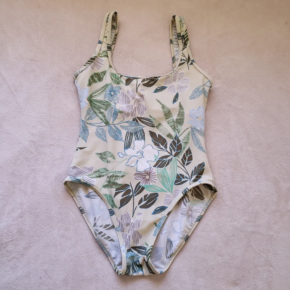Hydra Swimwear Cream Yellow Brown Blue Green Floral One-Piece Swimsuit